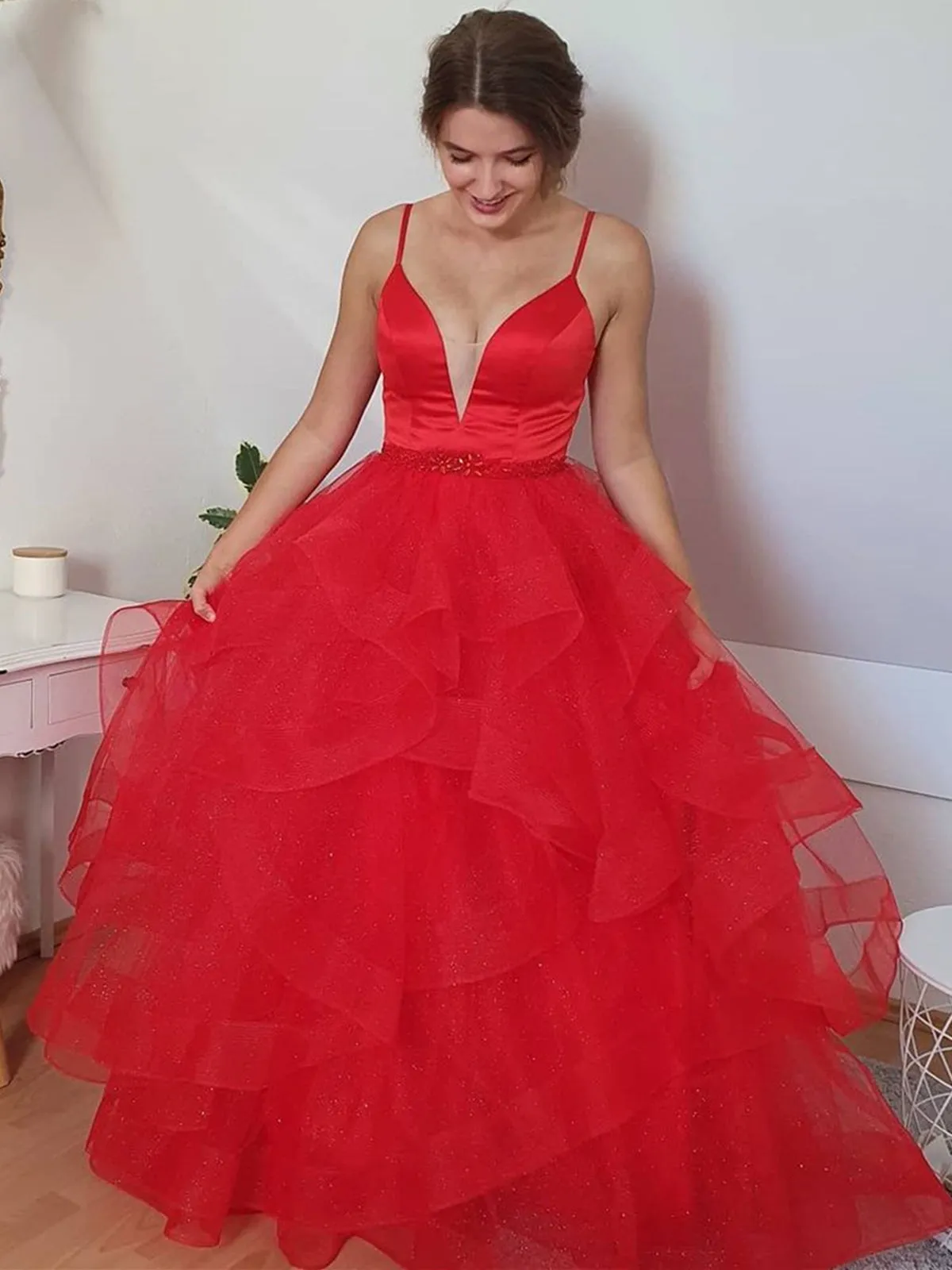 Shiny V Neck Open Back Puffy Red Tulle Long Prom Dresses, Red Tulle Formal Evening Dresses