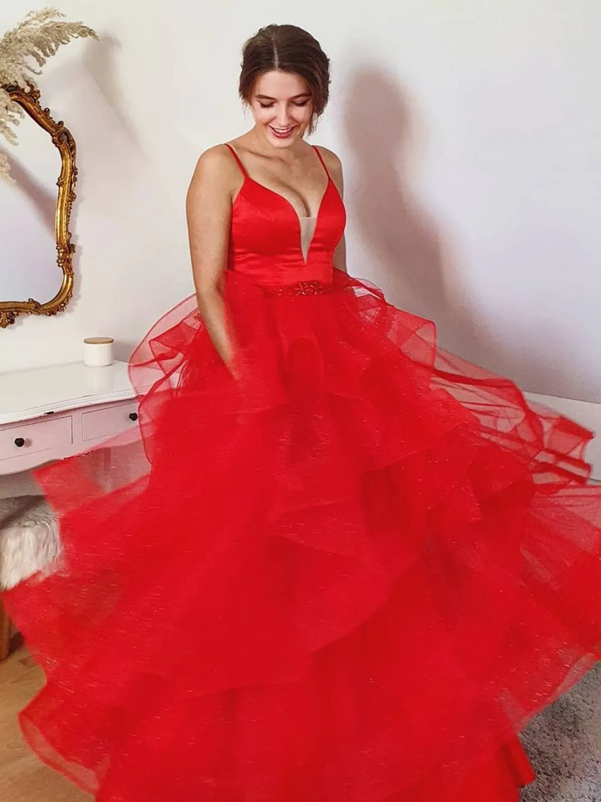 Shiny V Neck Open Back Puffy Red Tulle Long Prom Dresses, Red Tulle Formal Evening Dresses