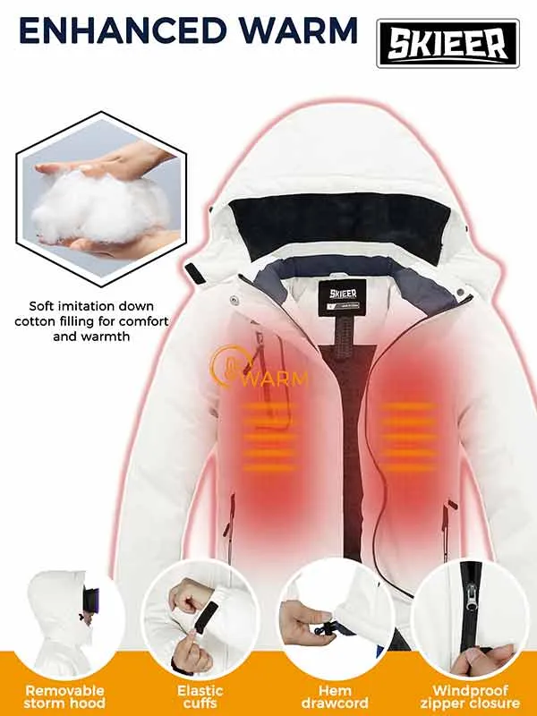 Skieer Women's Ski Jacket Waterproof Windproof Rain Jacket Winter Warm Hooded Coat