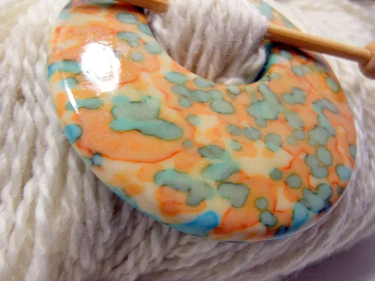 Skipping Stones 25155 Shawl Pin ~ Porcelain ~ Orange and Teal Dappled Shawl Pin