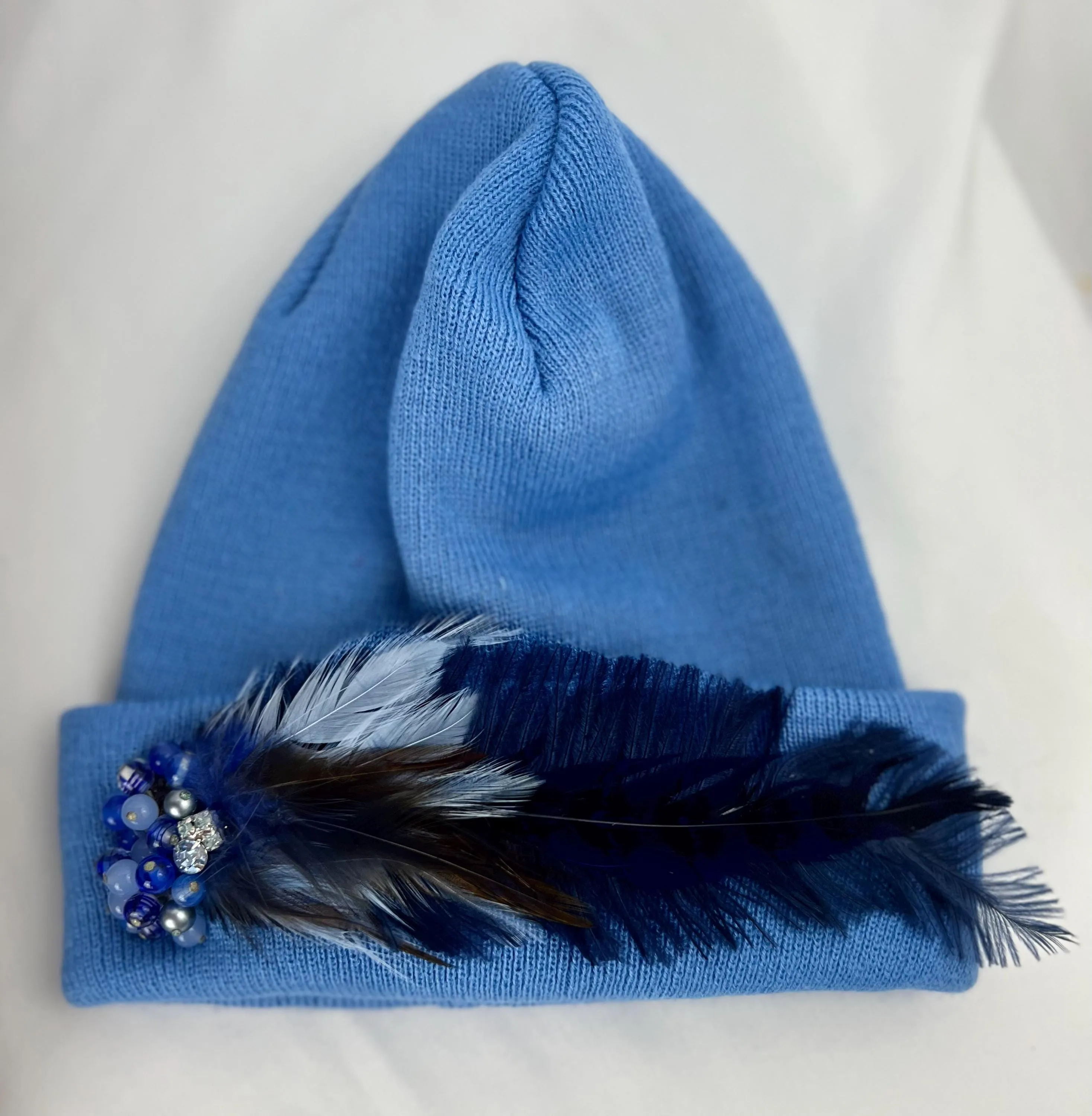 Sky Blue Embellished Feathered & Jeweled Sparkly Knit Hat