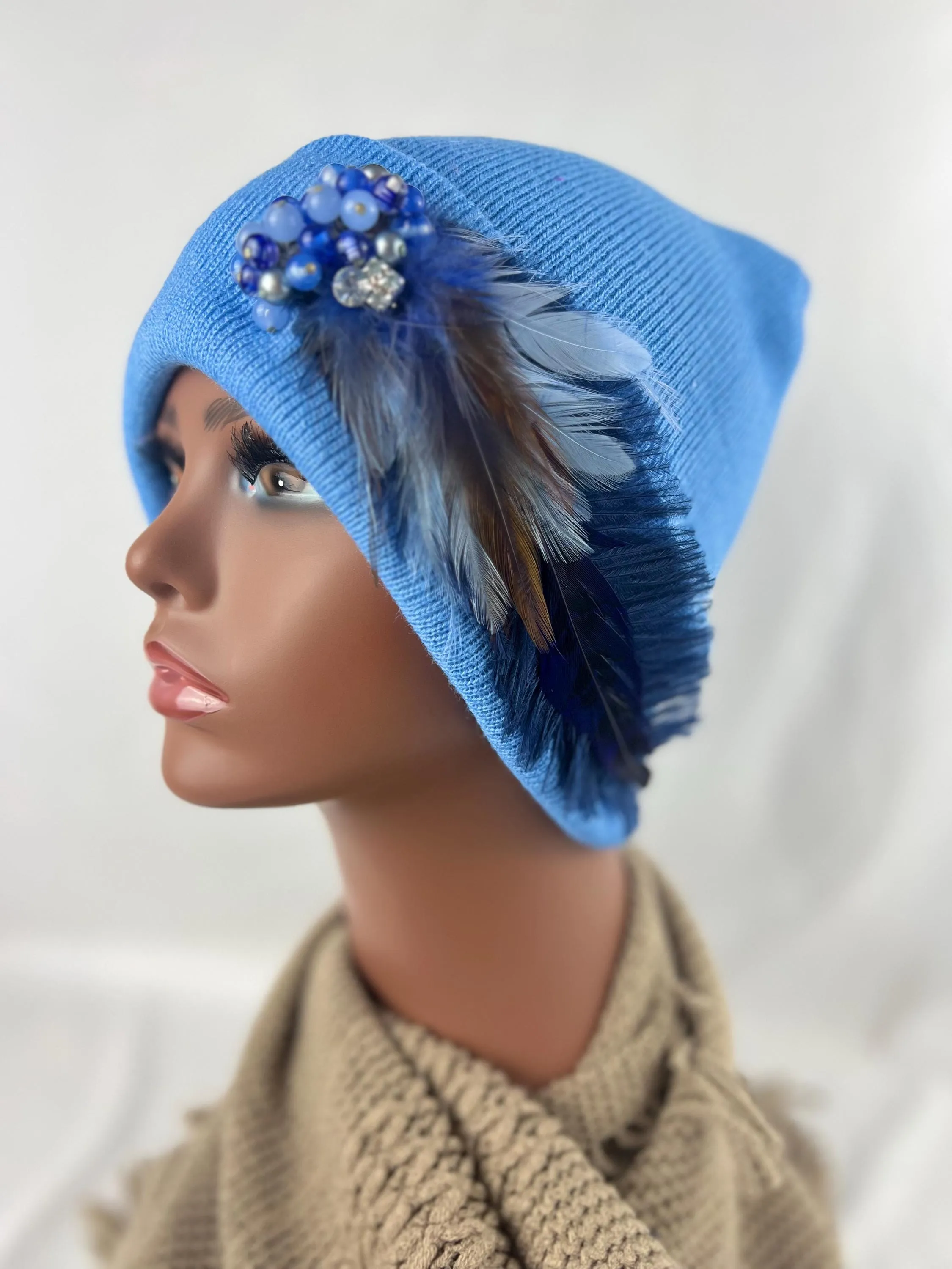 Sky Blue Embellished Feathered & Jeweled Sparkly Knit Hat