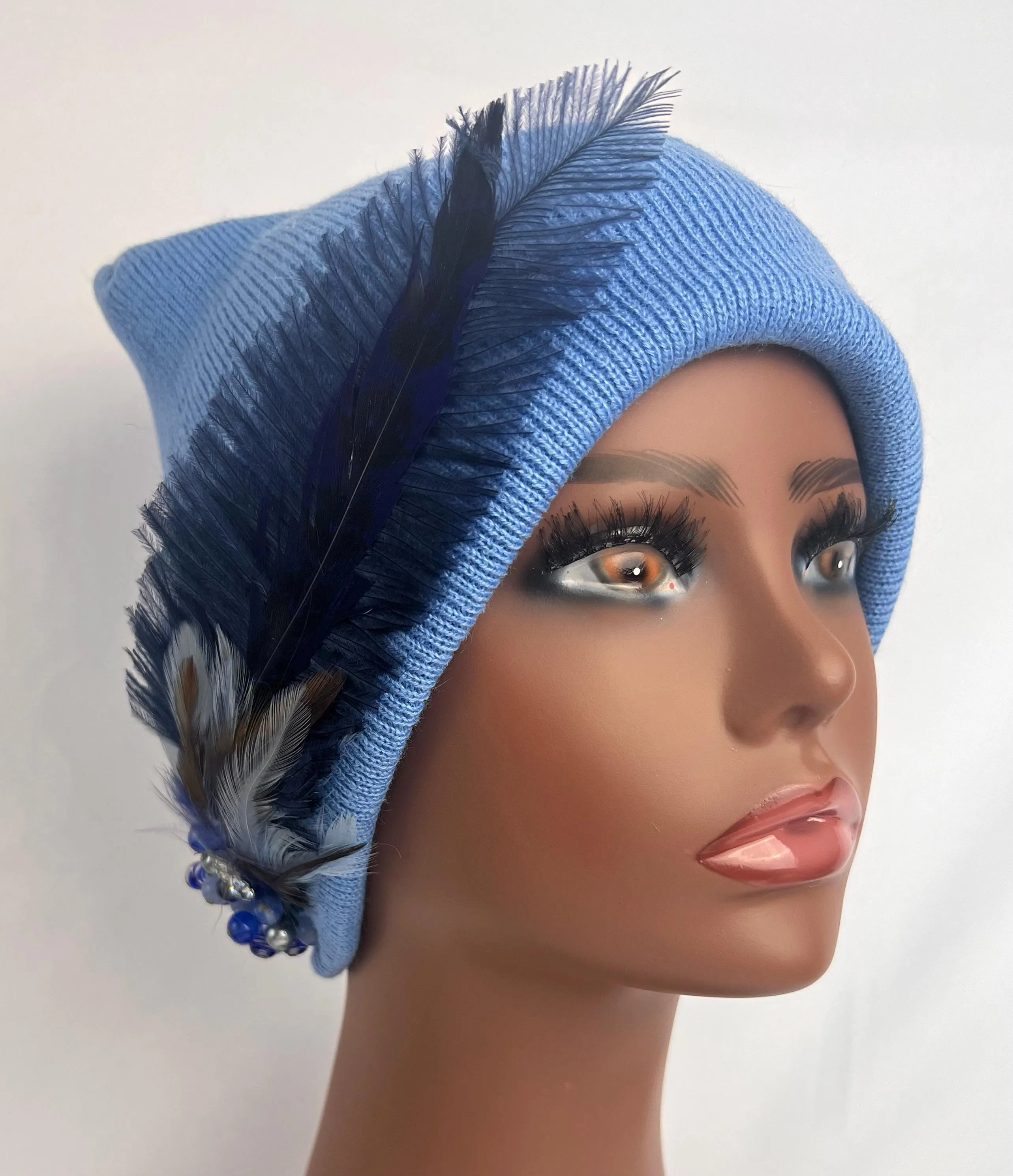 Sky Blue Embellished Feathered & Jeweled Sparkly Knit Hat