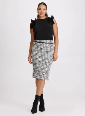 Sleeveless Ruffled Shoulder Top & Houndstooth Pencil Skirt