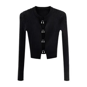 Slim Black Sweater For Women Round Neck Long Sleeve Solid Minimalist Knitting Cardigan Female Spring Clothing Style