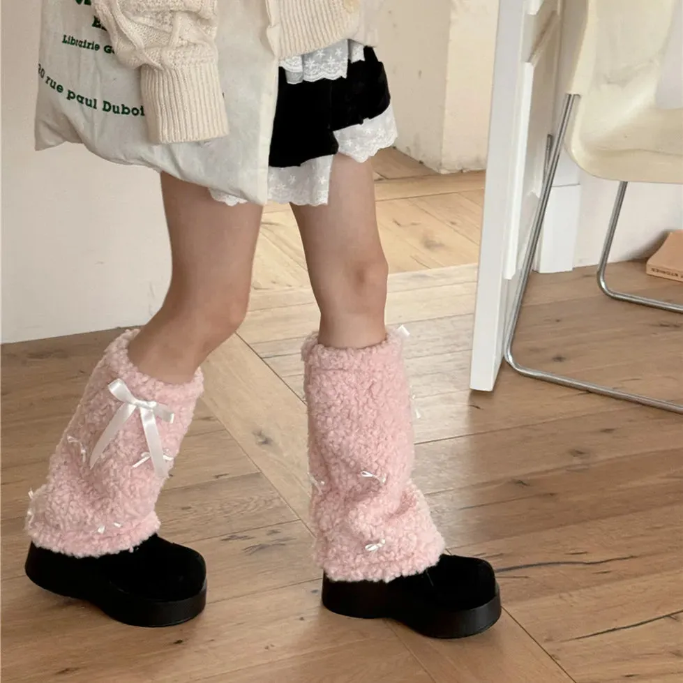 Sohiwoo Kawaii Bow Winter Plush Leg Warmers Lambhair Boots Cover Socks Spliced Thickened Y2K Women Jk Punk Hiphop Cosplay Accessories