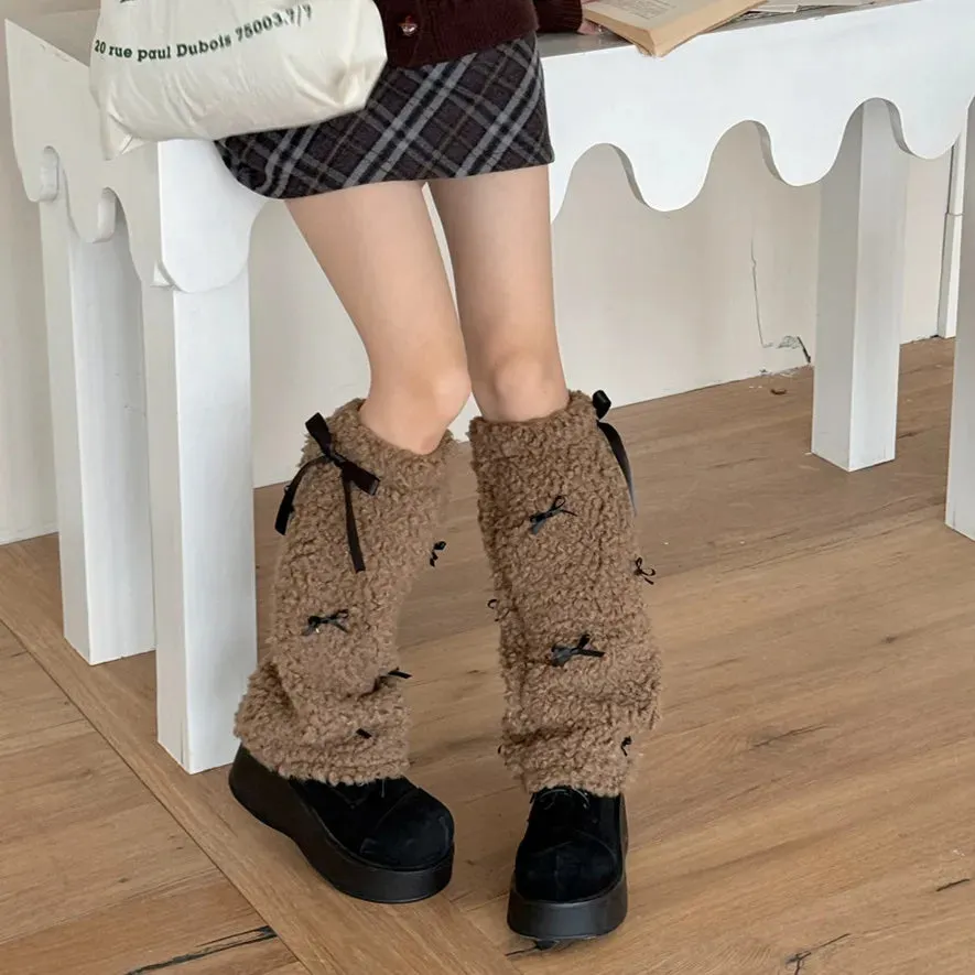 Sohiwoo Kawaii Bow Winter Plush Leg Warmers Lambhair Boots Cover Socks Spliced Thickened Y2K Women Jk Punk Hiphop Cosplay Accessories