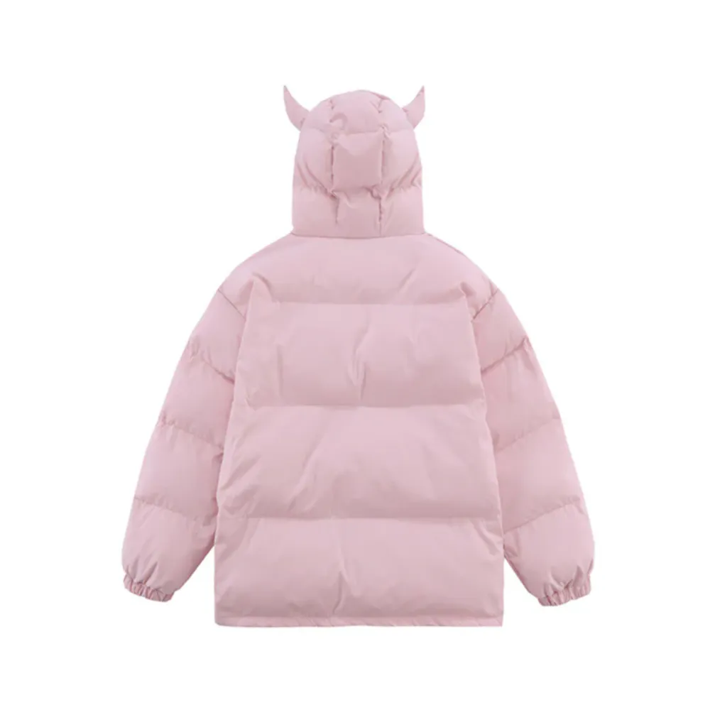 Solid Color Devil Hooded Puffer Coat