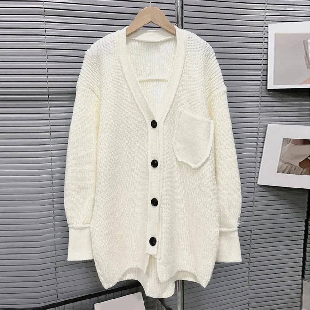 Solid Knitting Minimalist Cardigan For Women V Neck Long Sleeve Single Breasted Loose Casual Sweater Female Clothes