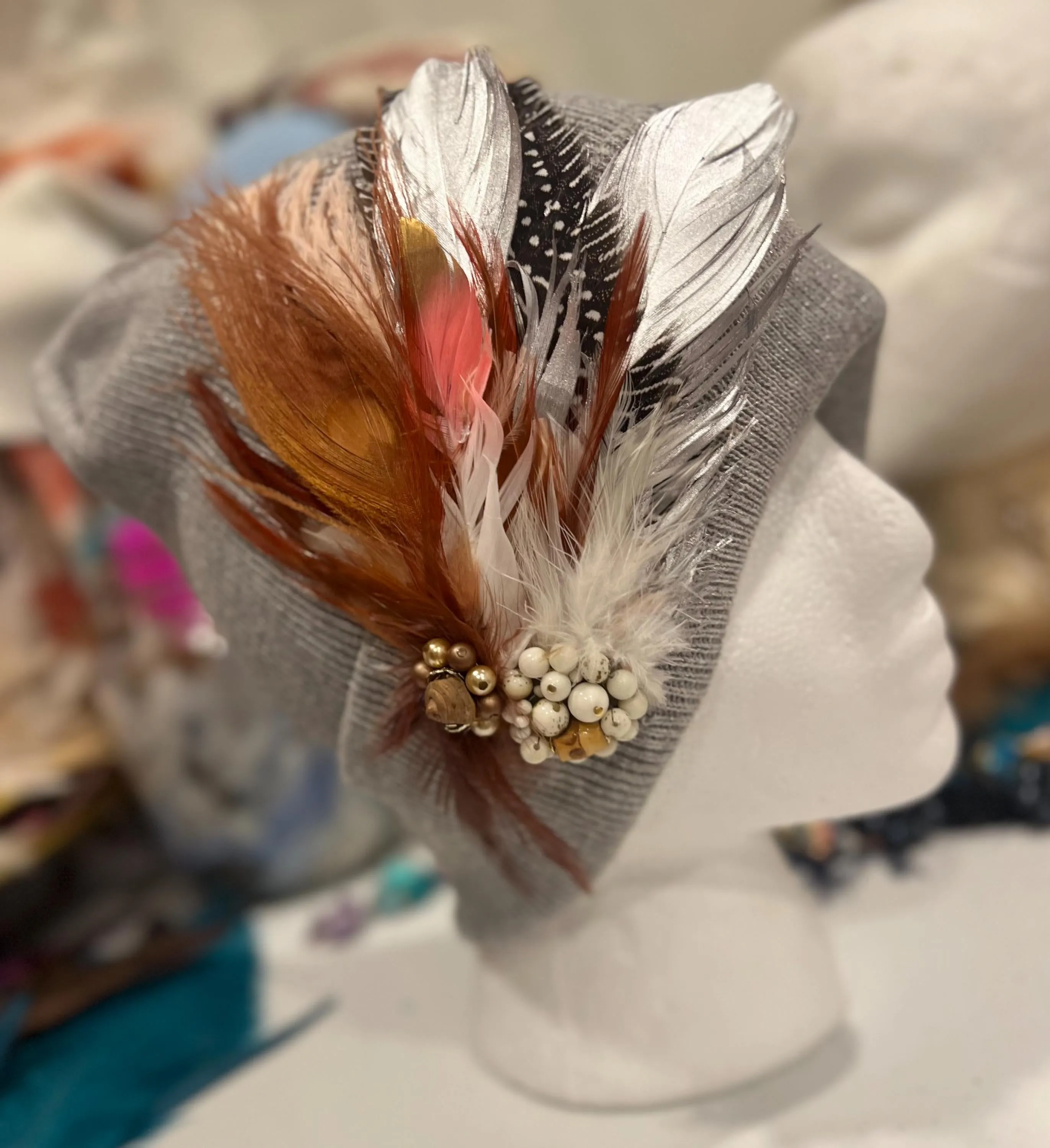 Sparkly GREY Flipped Rim - Unique Feathered Knit Hat with Jewels and Sparkles Boho Style Winter Cap