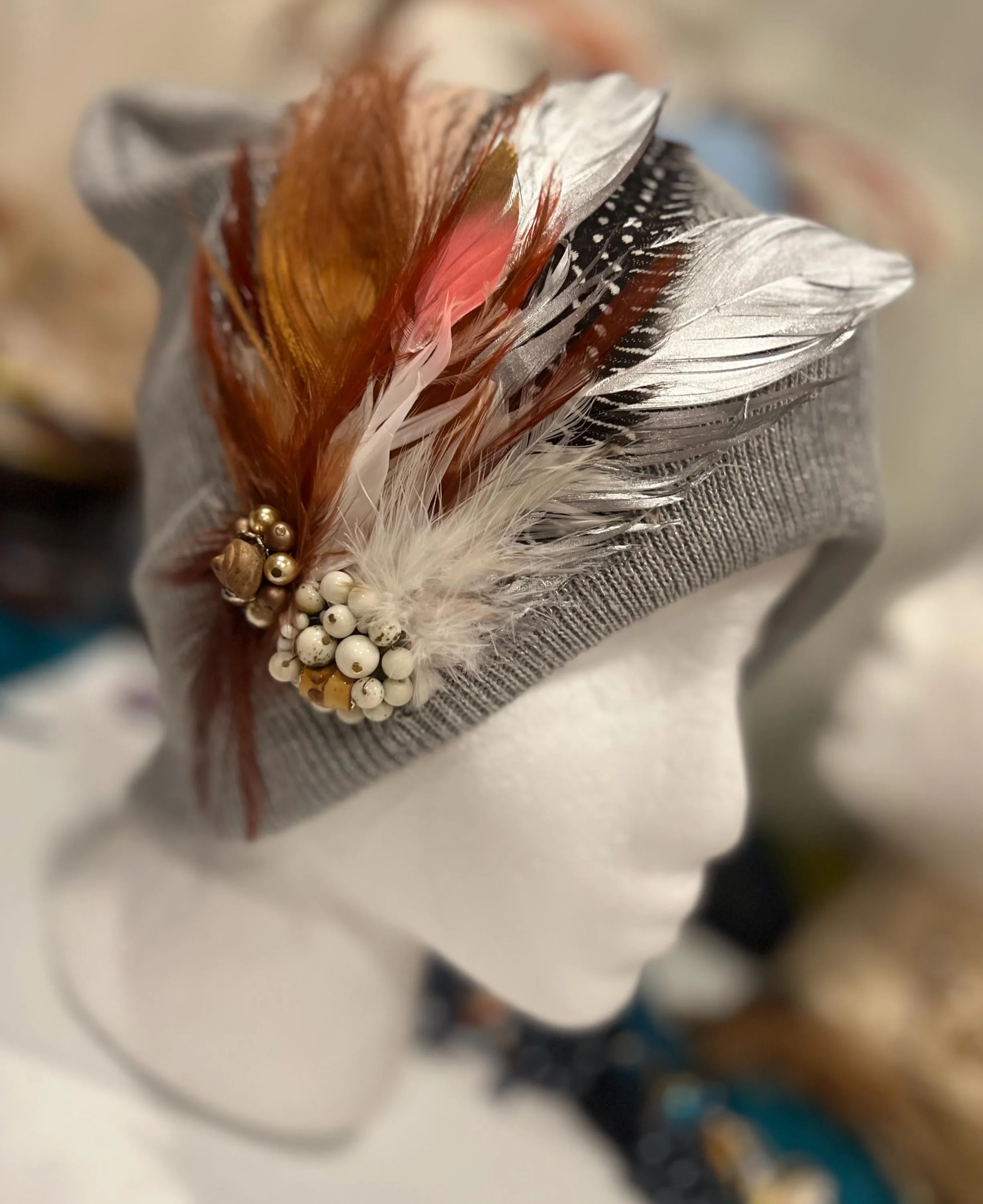 Sparkly GREY Flipped Rim - Unique Feathered Knit Hat with Jewels and Sparkles Boho Style Winter Cap