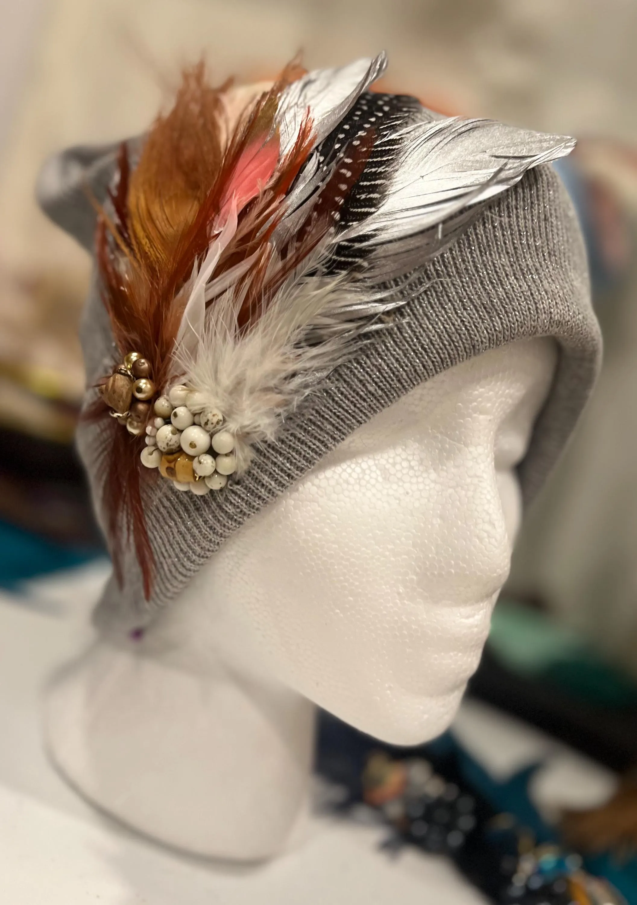 Sparkly GREY Flipped Rim - Unique Feathered Knit Hat with Jewels and Sparkles Boho Style Winter Cap