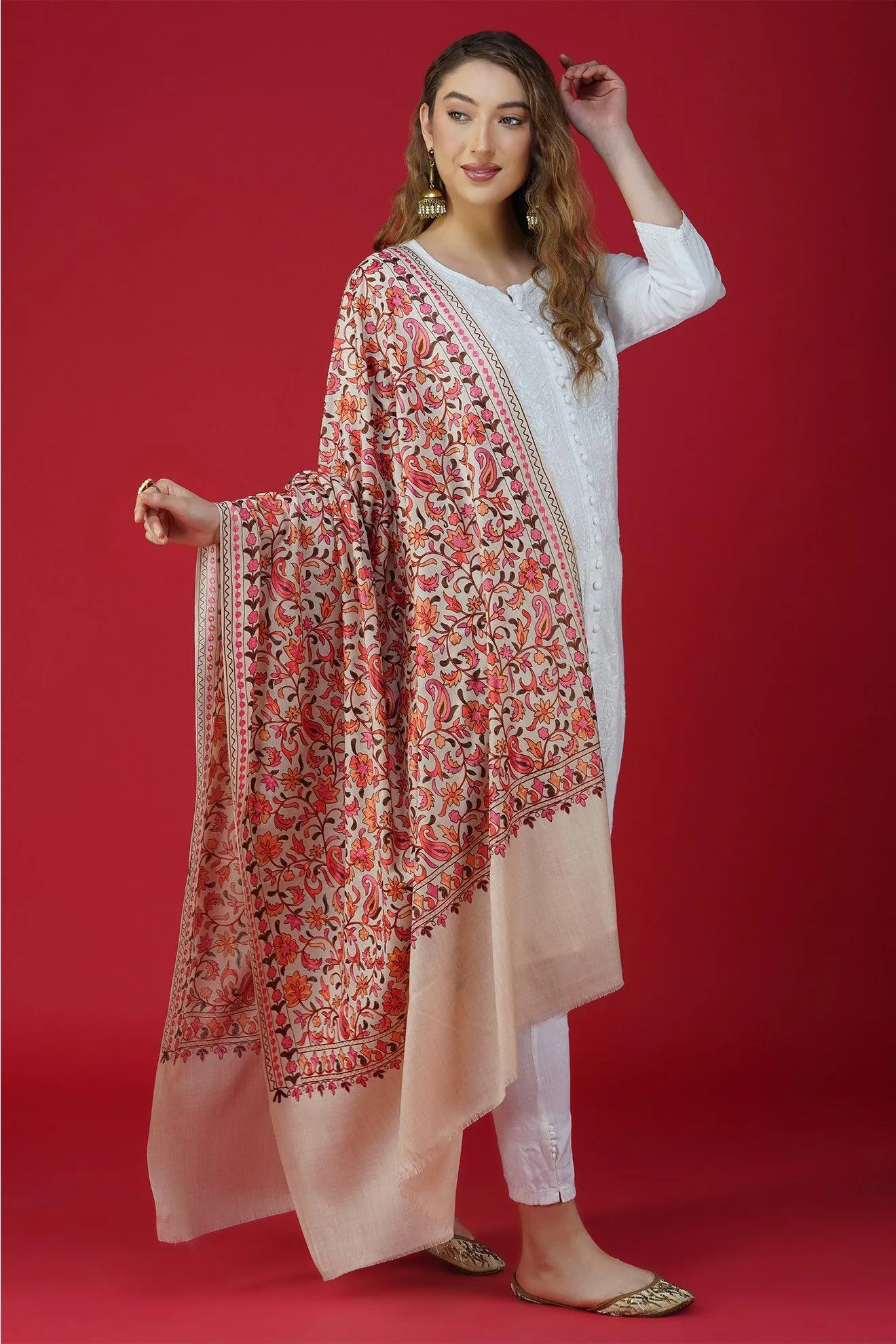 Stunning and Vibrant Embroidered Pure Woolen Shawl ST-16