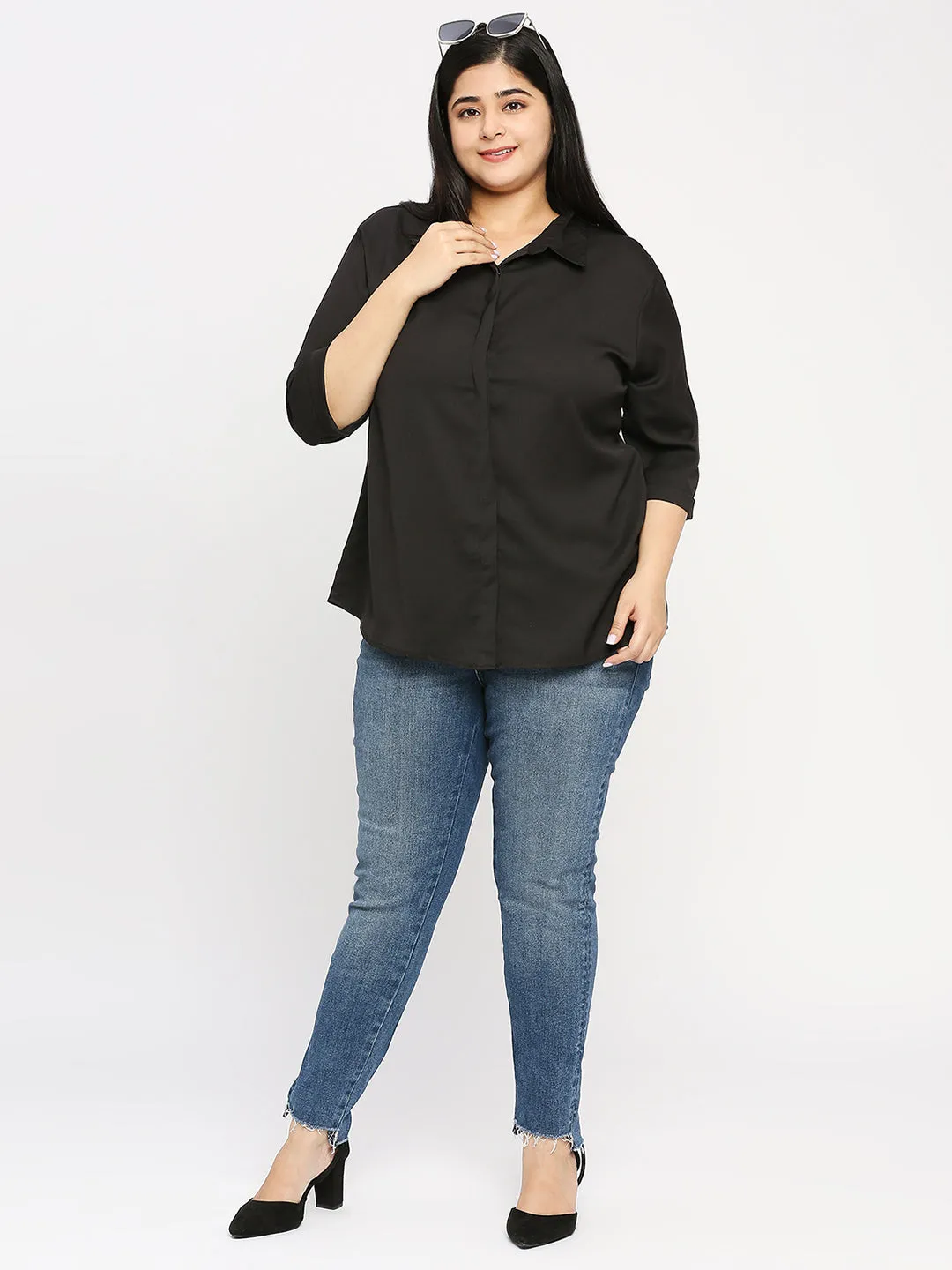 Style Quotient  Plus Women Solid Black Polyester Regular Formal Shirt