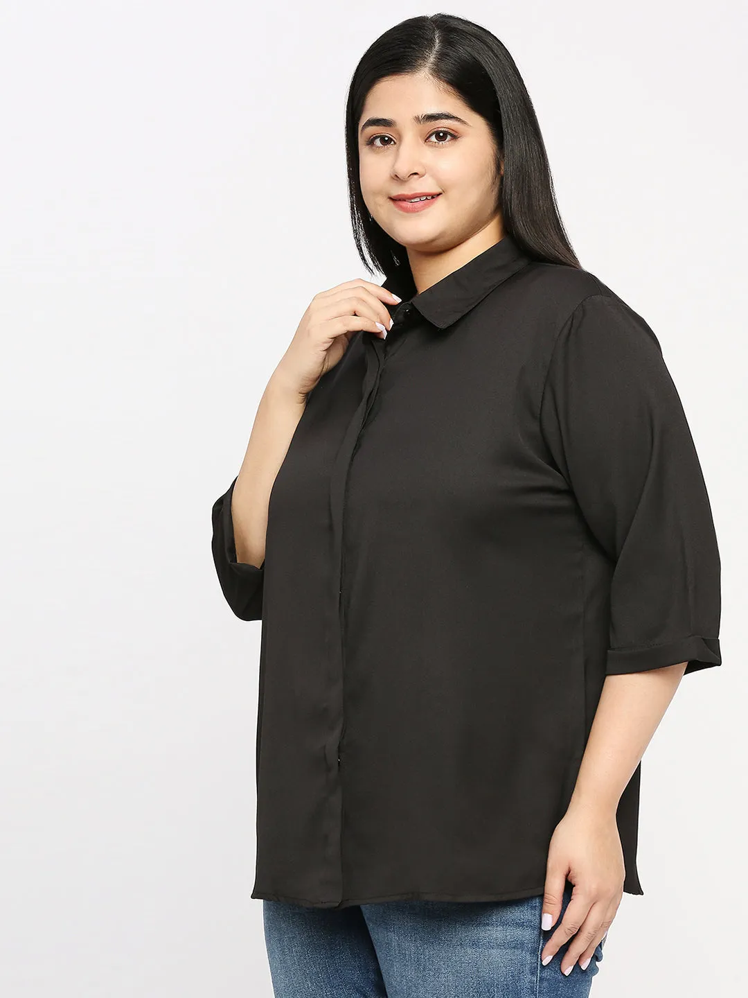 Style Quotient  Plus Women Solid Black Polyester Regular Formal Shirt