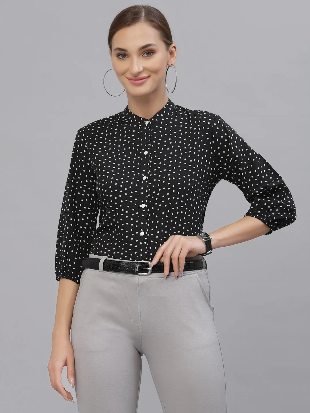 Style Quotient Women Black And White Polka Dot printed Polyester Formal Top