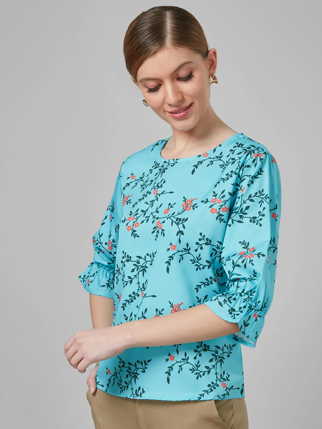 Style Quotient Women Blue and Multi Floral Printed Polyester Smart Casual Top