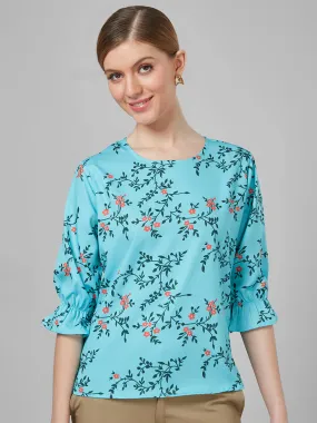 Style Quotient Women Blue and Multi Floral Printed Polyester Smart Casual Top