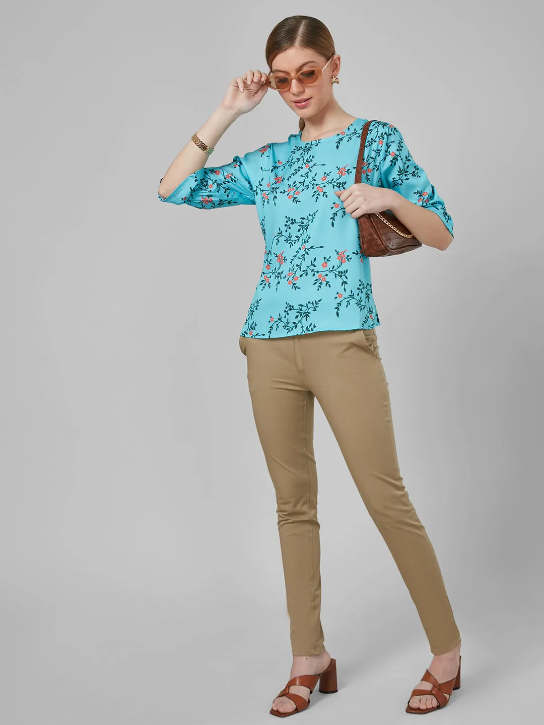 Style Quotient Women Blue and Multi Floral Printed Polyester Smart Casual Top