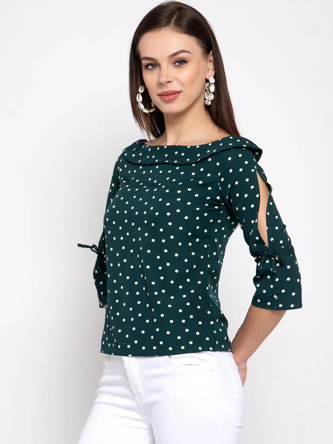 style quotient women Green and White polka printed polycrepe smart casual top