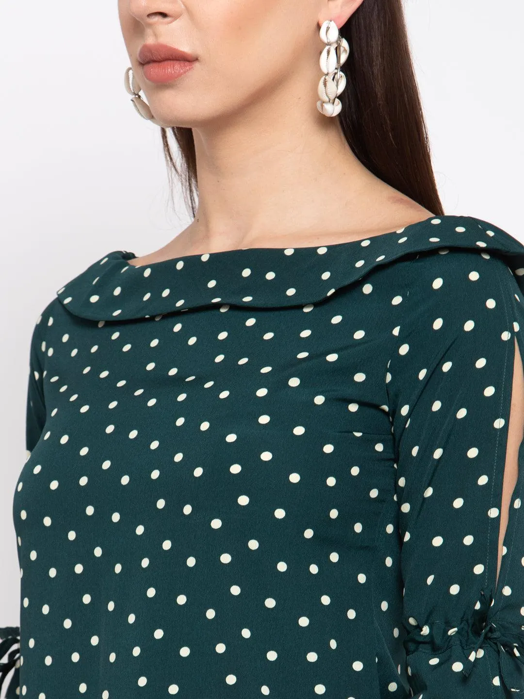 style quotient women Green and White polka printed polycrepe smart casual top