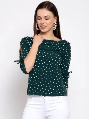 style quotient women Green and White polka printed polycrepe smart casual top