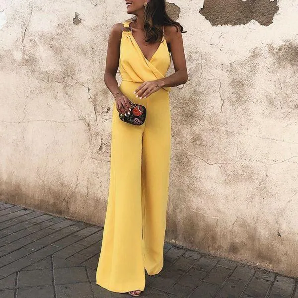 Summer Elegant Sleeveless V-neck Solid Color Jumpsuit