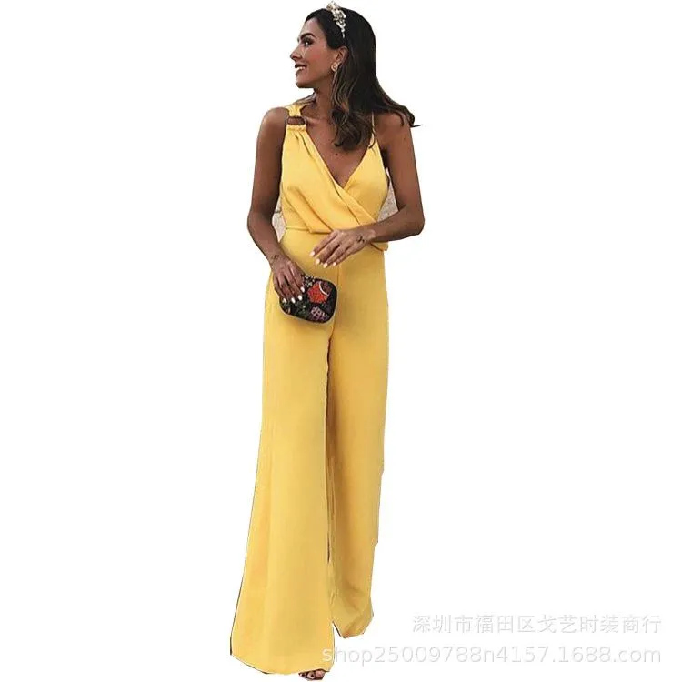 Summer Elegant Sleeveless V-neck Solid Color Jumpsuit