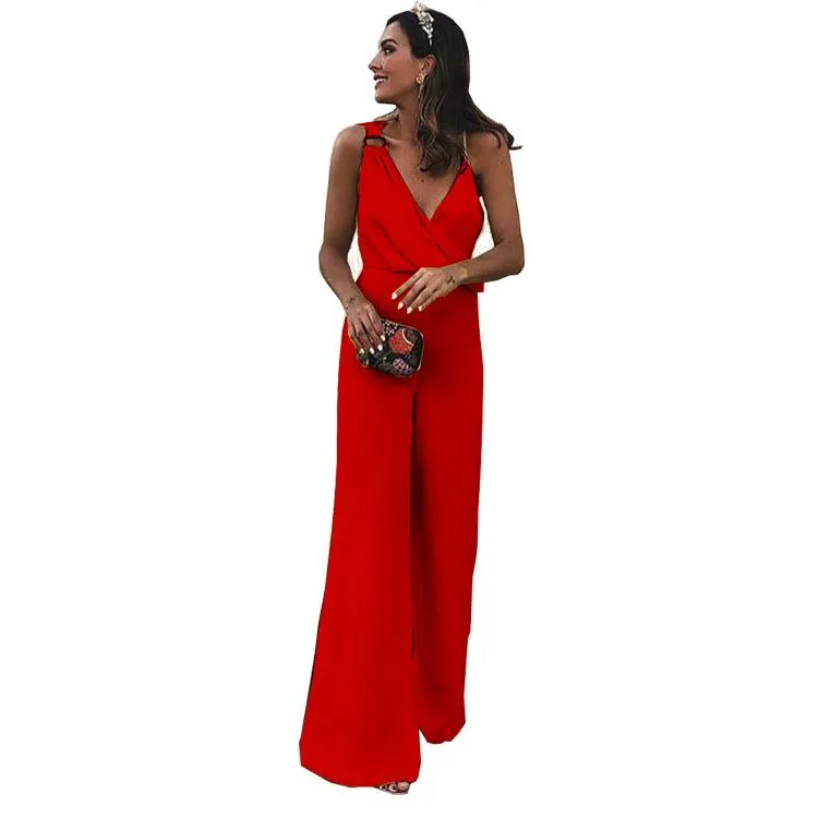 Summer Elegant Sleeveless V-neck Solid Color Jumpsuit