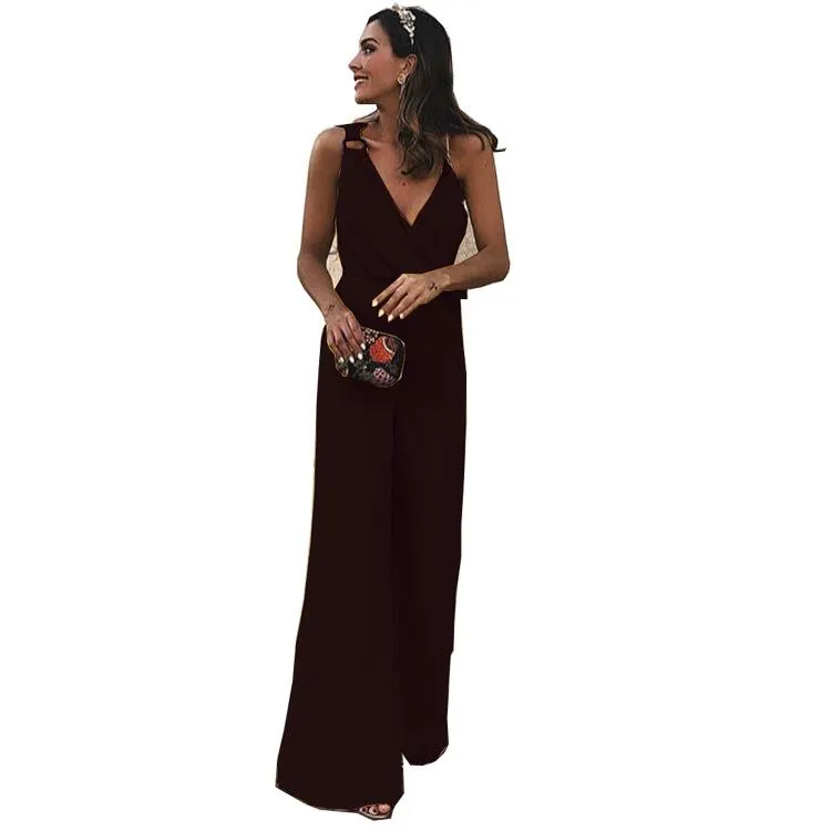 Summer Elegant Sleeveless V-neck Solid Color Jumpsuit