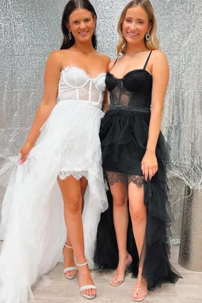 Sweetheart Neck High Low White/Black Lace Long Prom Dress with Ruffles, White/Black Lace Formal Graduation Evening Dress A1976