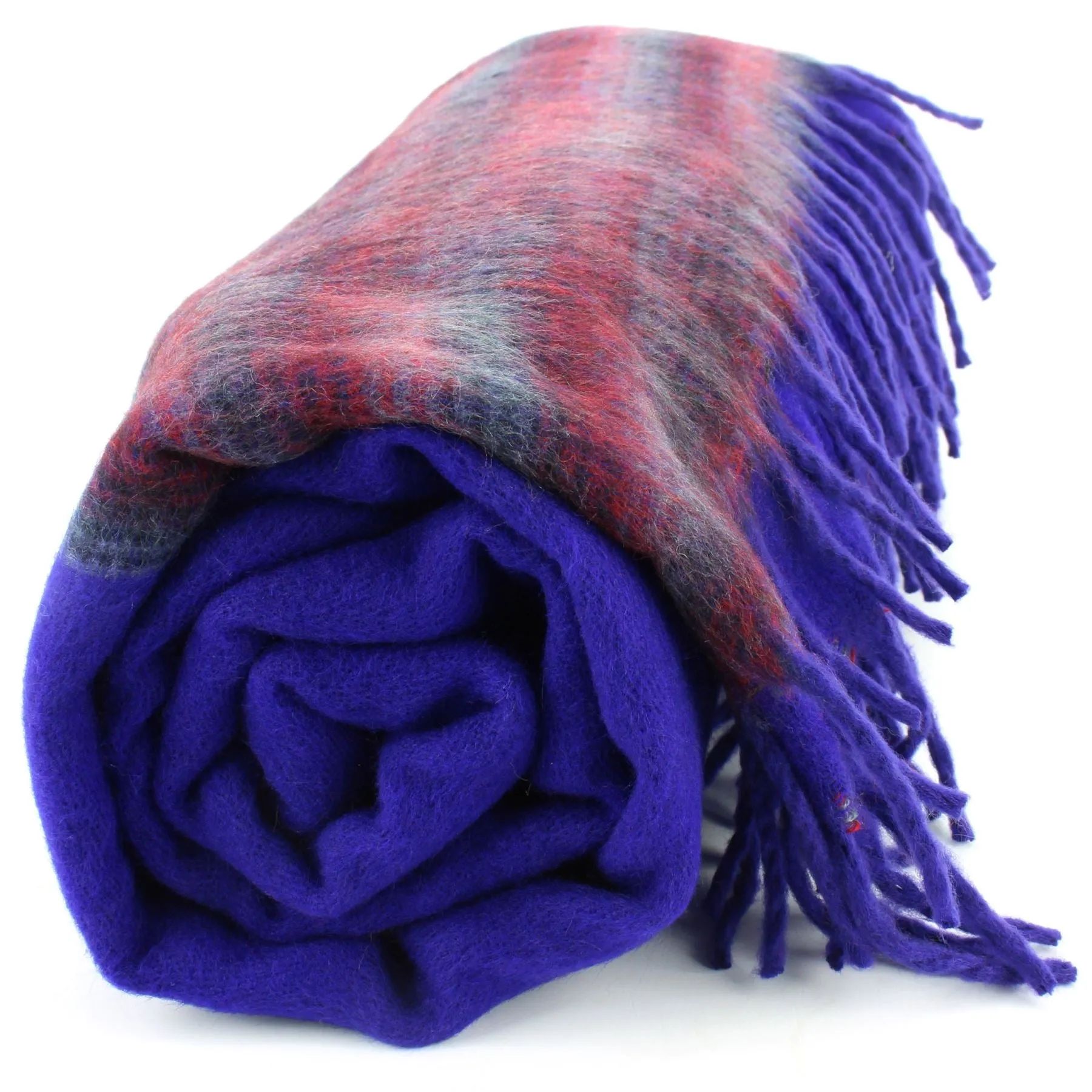 Tibetan Wool Blend Shawl Blanket - Deep Purple with Maroon & Grey Reverse