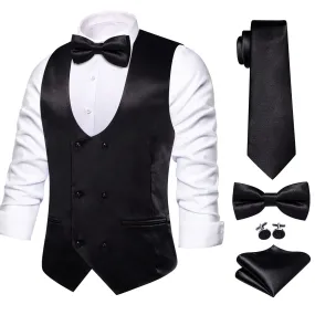 Ties2you Double Breasted Vest Classic Black Solid Mens Vest Tie Bowtie Set 5PC for Business