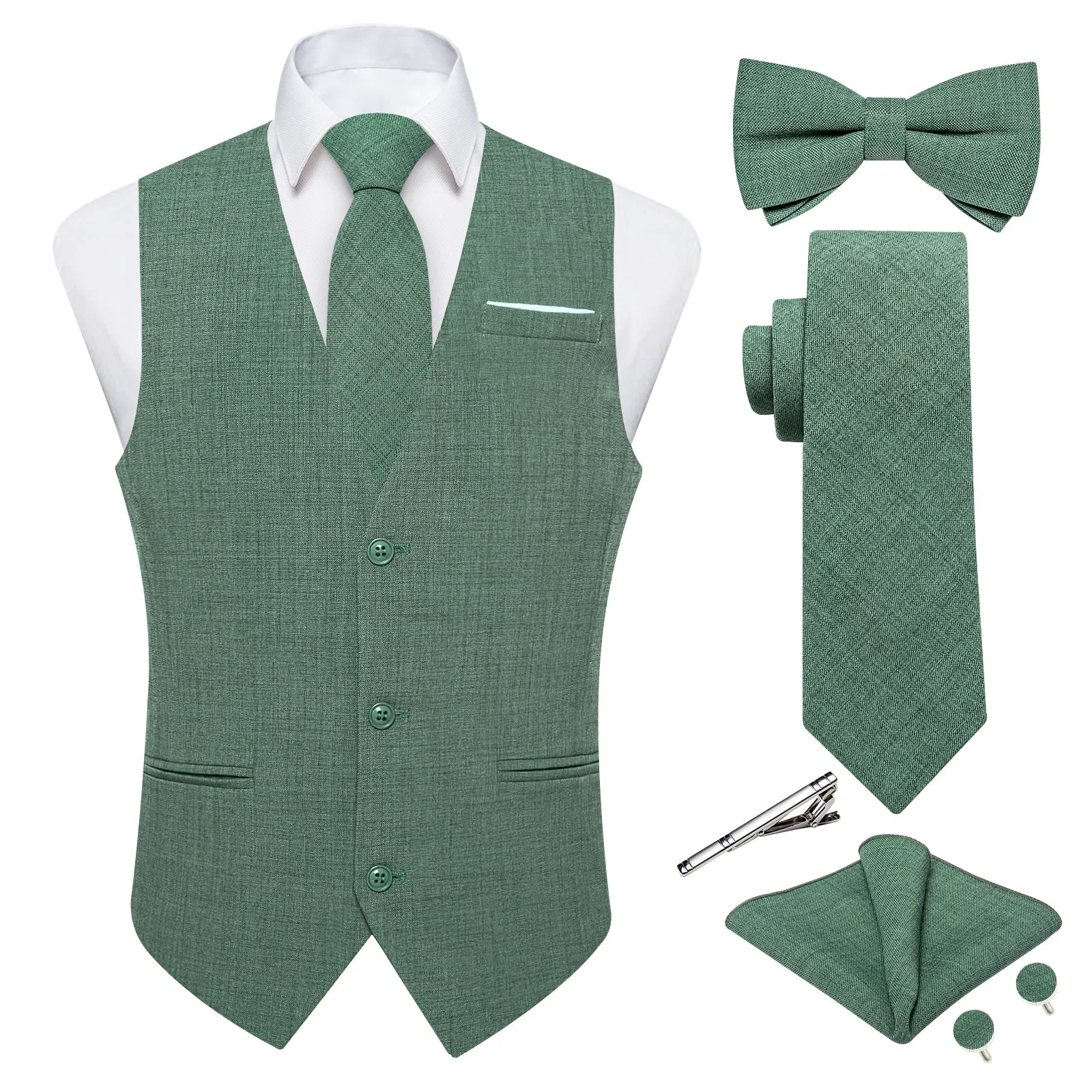 Ties2you Hooker Green Solid Jacquard Men's Vest Necktie Bowtie Set