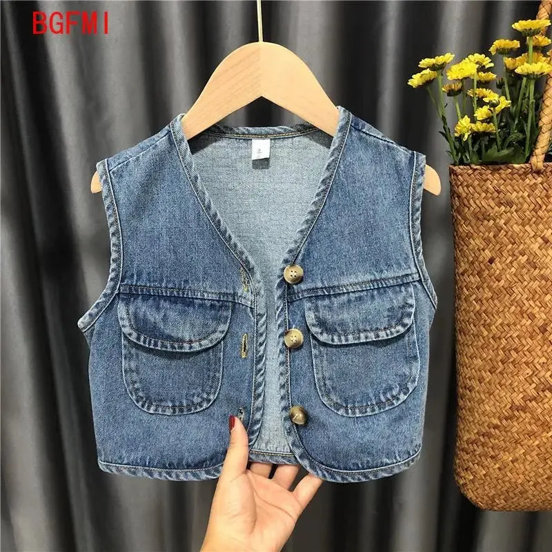 Toddler and Baby Girls Boys Thin Single-Breasted Denim Vest Jackets Child Waistcoat School Kids Outfit Tops 1-7 Years