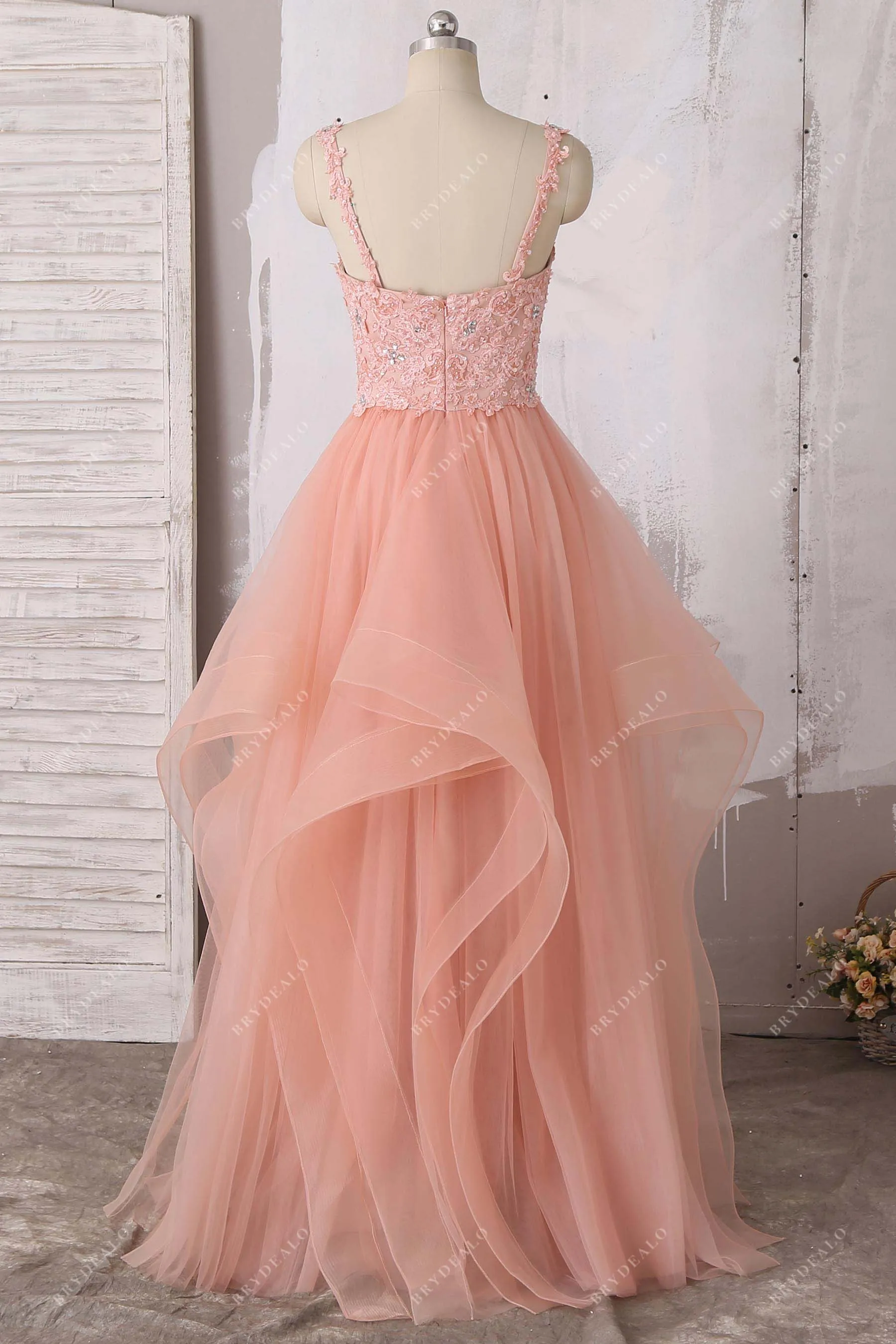 Trendy Peach Pink Straps Lace Tulle Tiered Wedding Dress