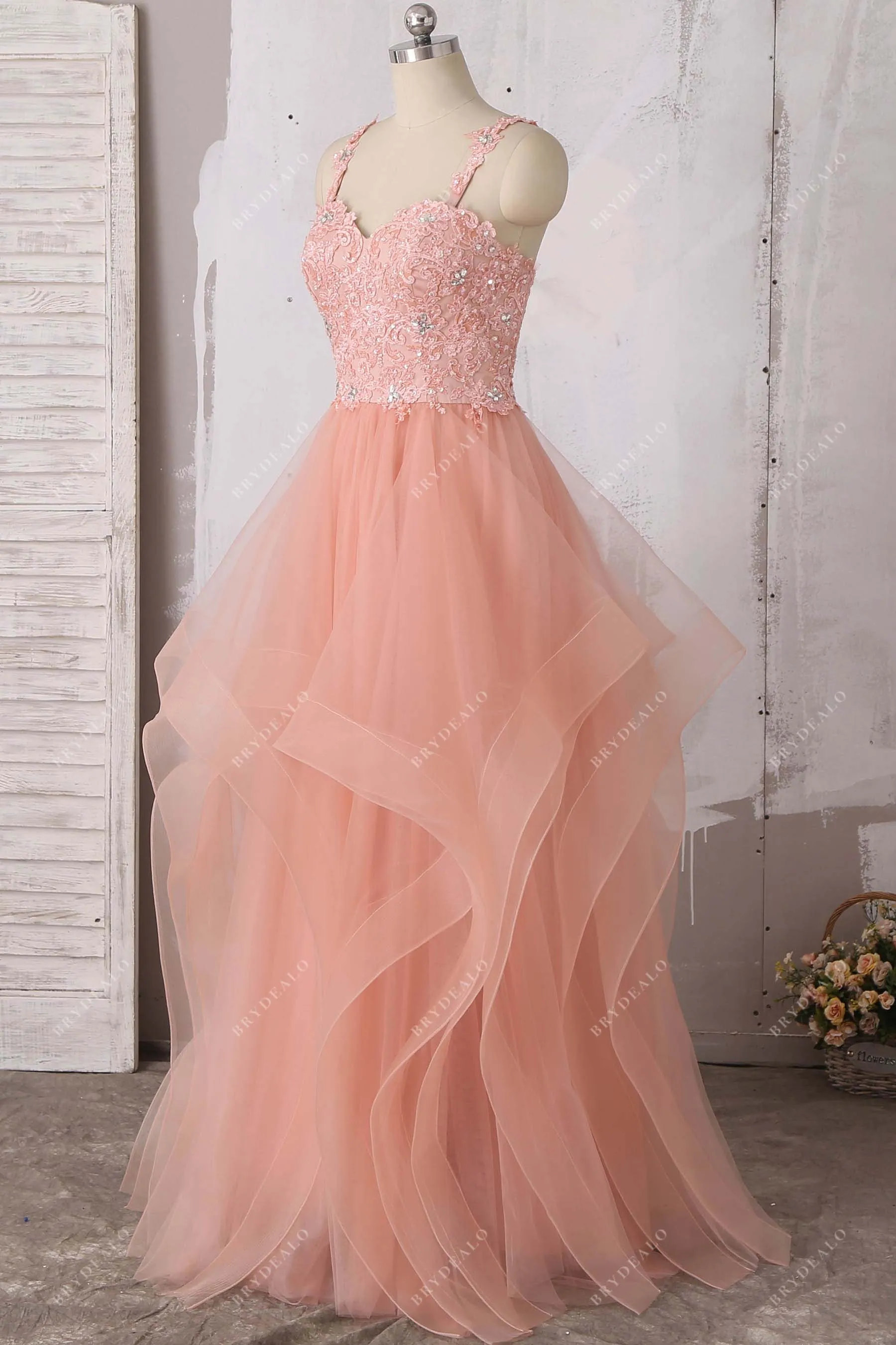 Trendy Peach Pink Straps Lace Tulle Tiered Wedding Dress