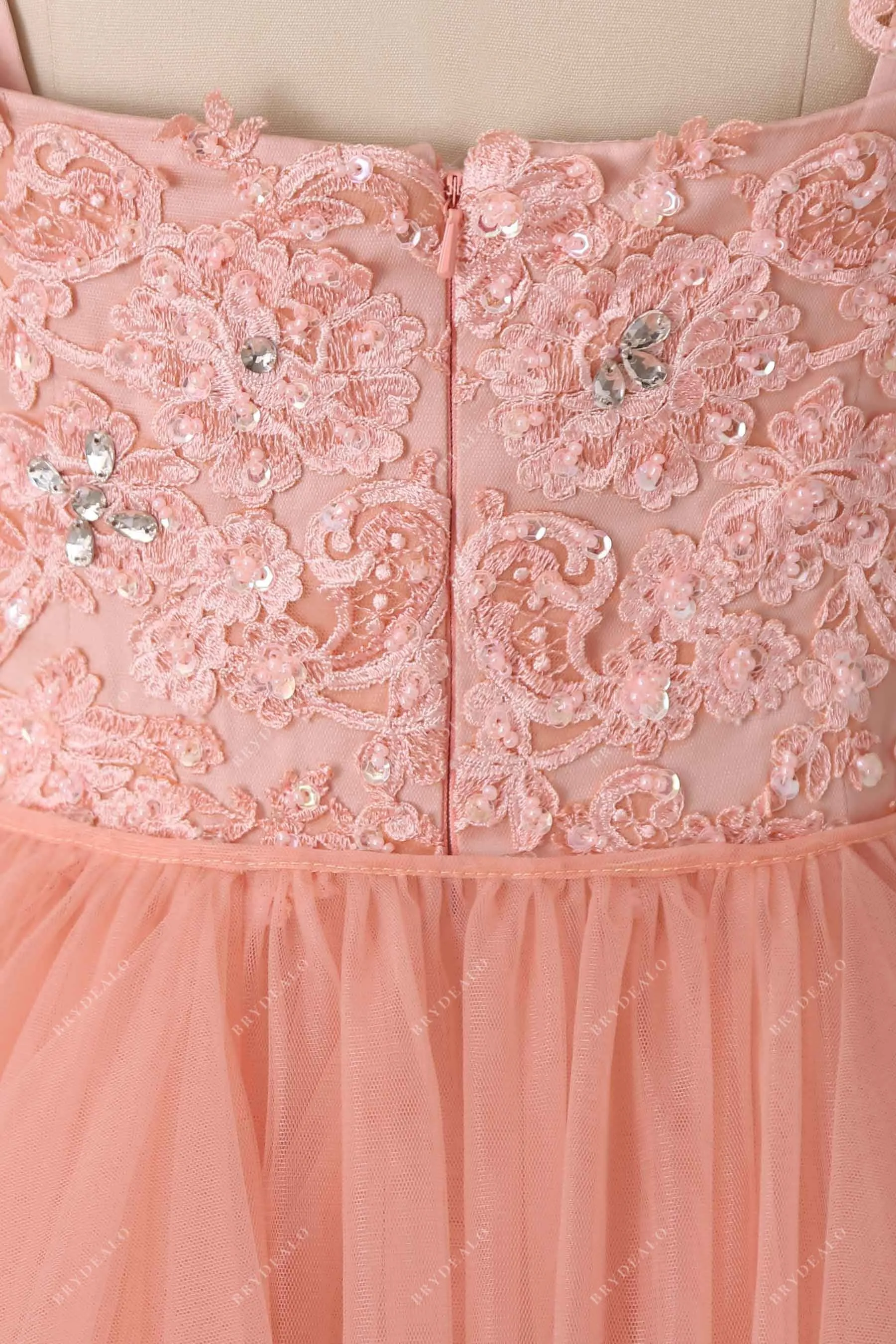 Trendy Peach Pink Straps Lace Tulle Tiered Wedding Dress