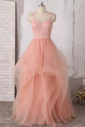 Trendy Peach Pink Straps Lace Tulle Tiered Wedding Dress