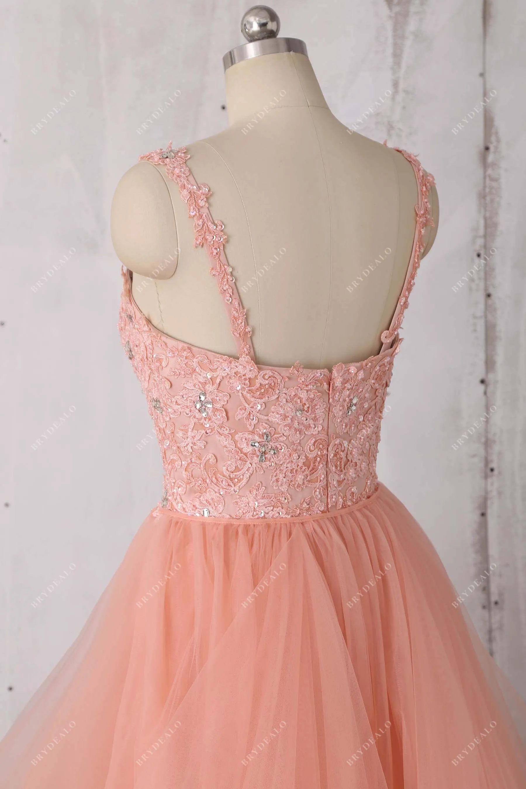 Trendy Peach Pink Straps Lace Tulle Tiered Wedding Dress