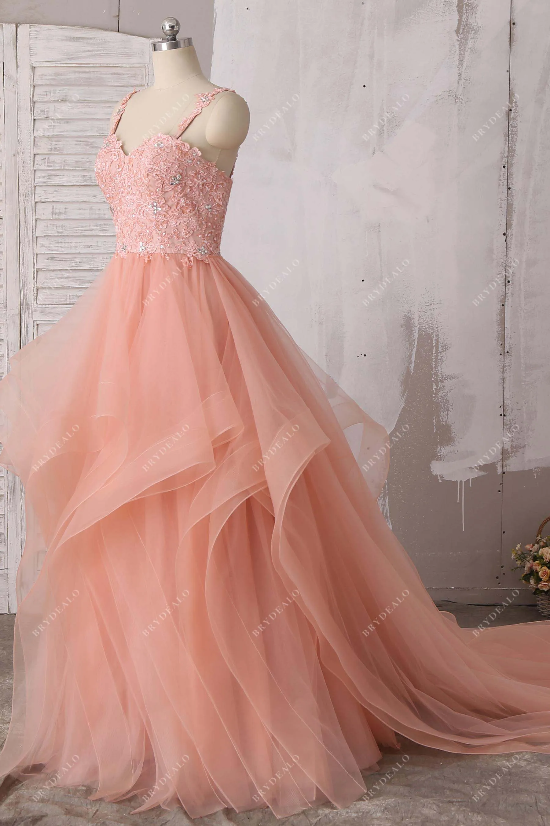 Trendy Peach Pink Straps Lace Tulle Tiered Wedding Dress