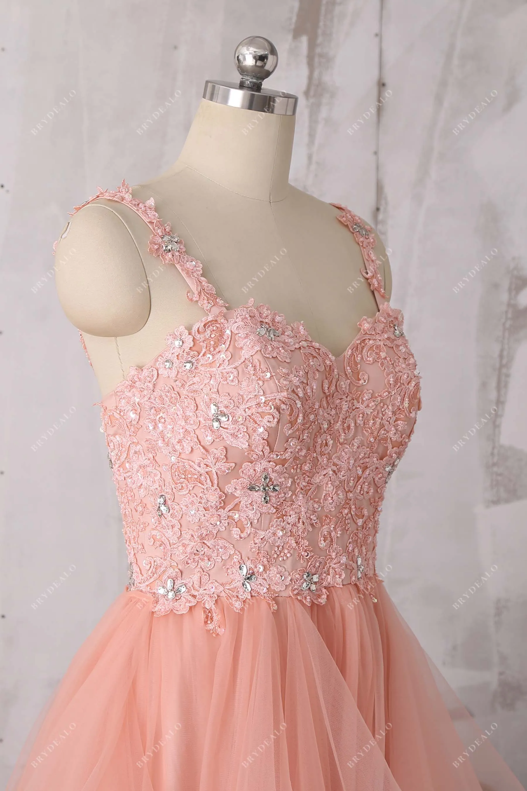 Trendy Peach Pink Straps Lace Tulle Tiered Wedding Dress