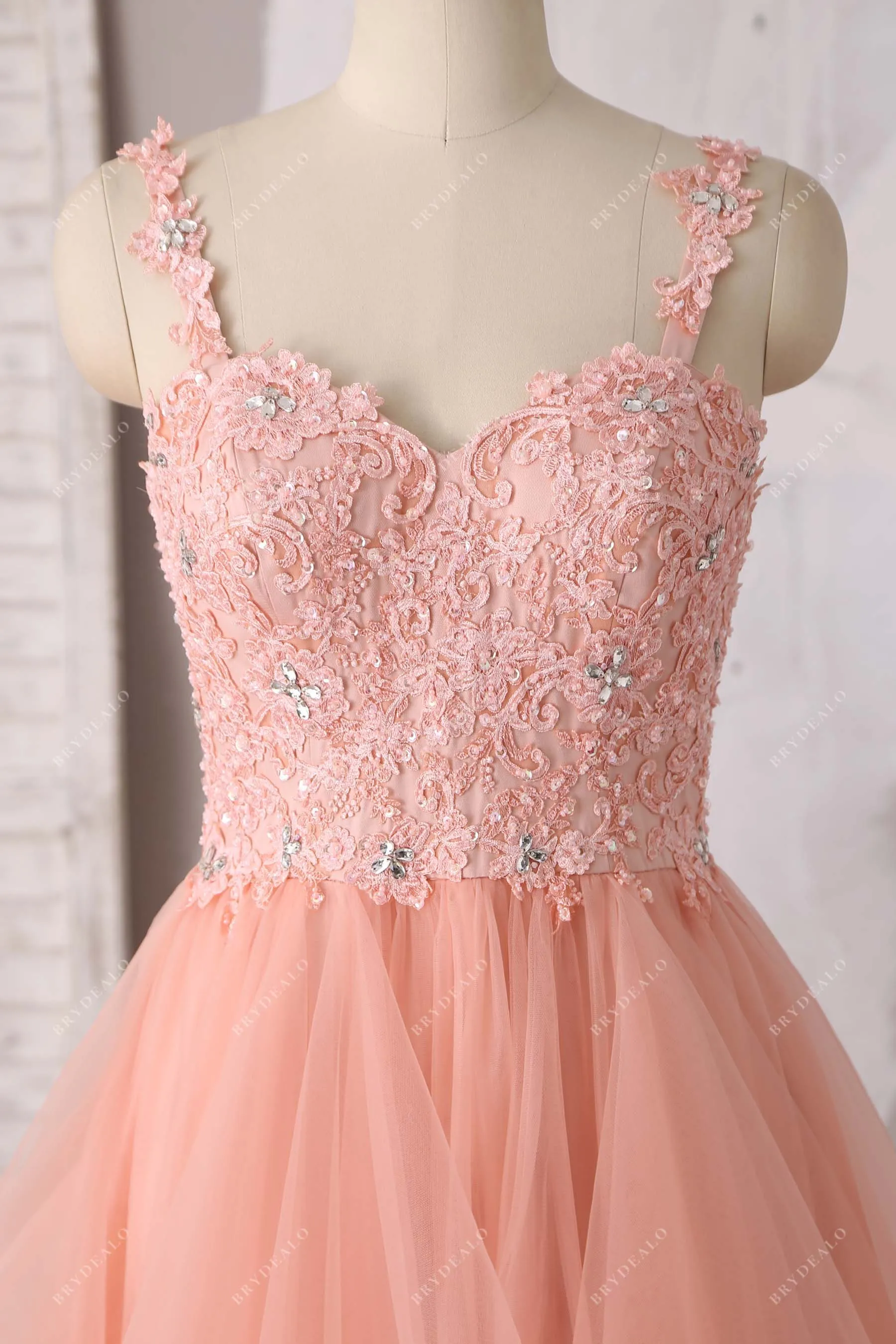 Trendy Peach Pink Straps Lace Tulle Tiered Wedding Dress