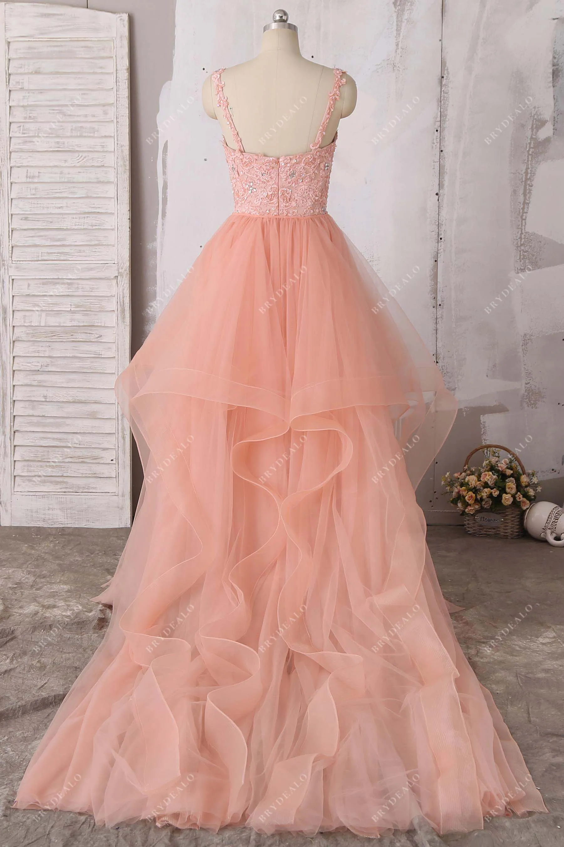 Trendy Peach Pink Straps Lace Tulle Tiered Wedding Dress