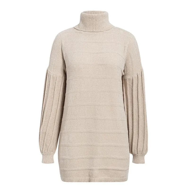 Turtleneck Knitted Sweater Winter Casual Lantern Sleeve Elegant Soft Party Dress