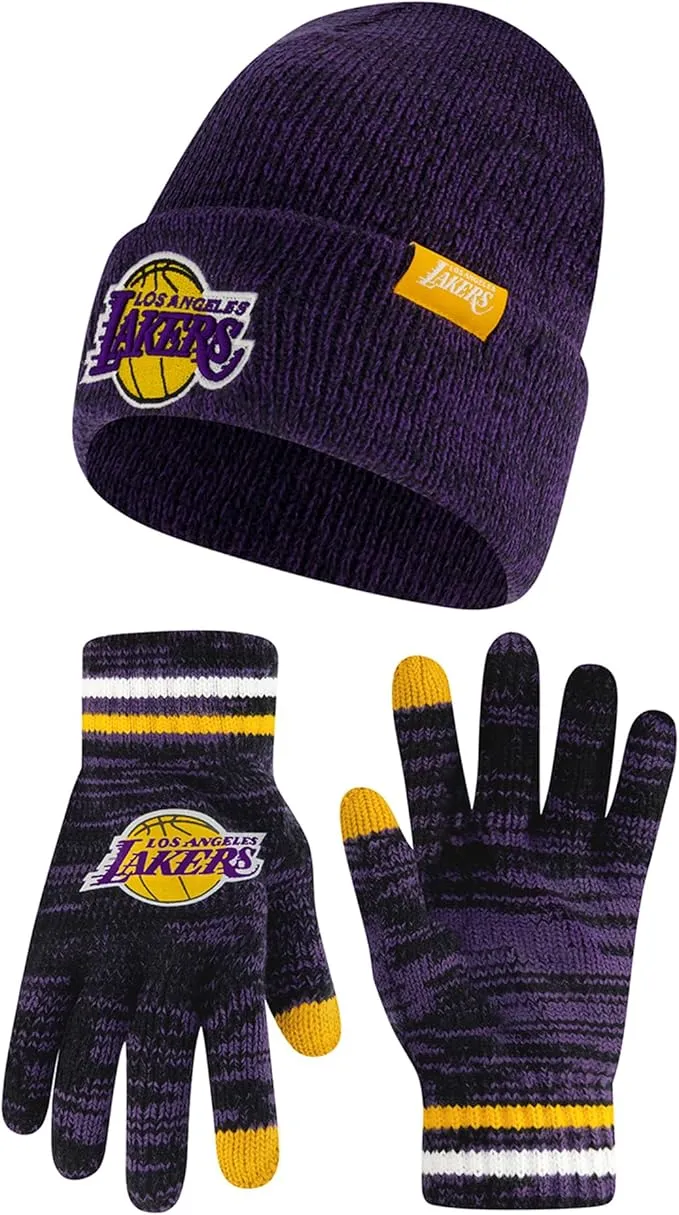 Ultra Game NBA Official Men's Super Soft Winter Beanie Knit Hat with Extra Warm Touch Screen Gloves, Los Angeles Lakers, Team Color|Los Angeles Lakers