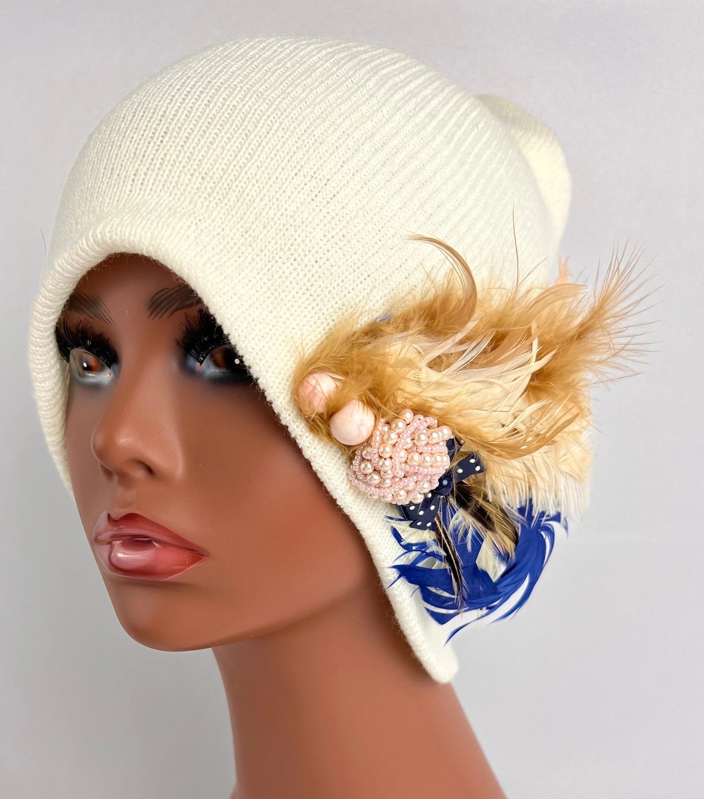 Unique Boho Flapper Jeweled Designer Feathered Winter Knit Hat