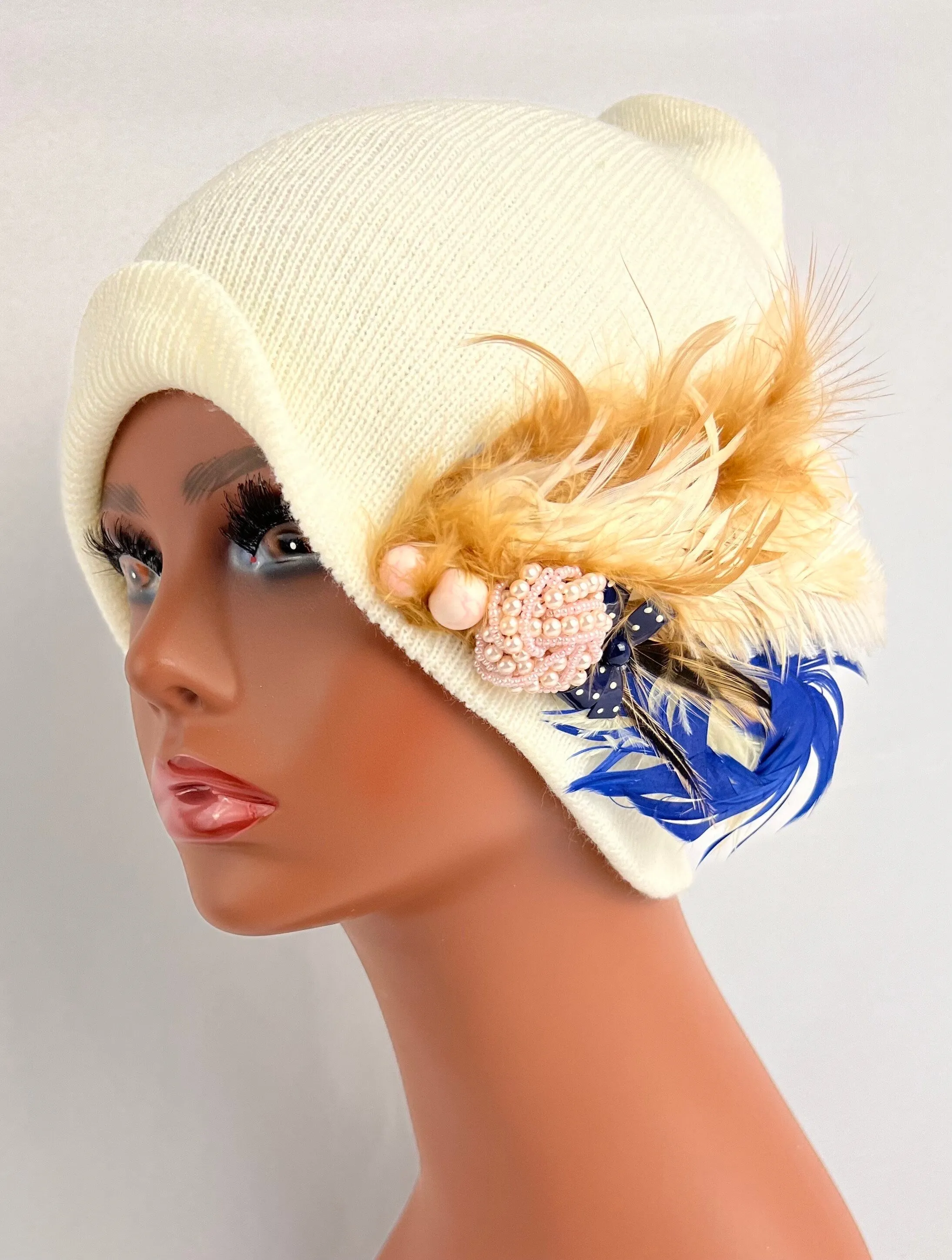 Unique Boho Flapper Jeweled Designer Feathered Winter Knit Hat