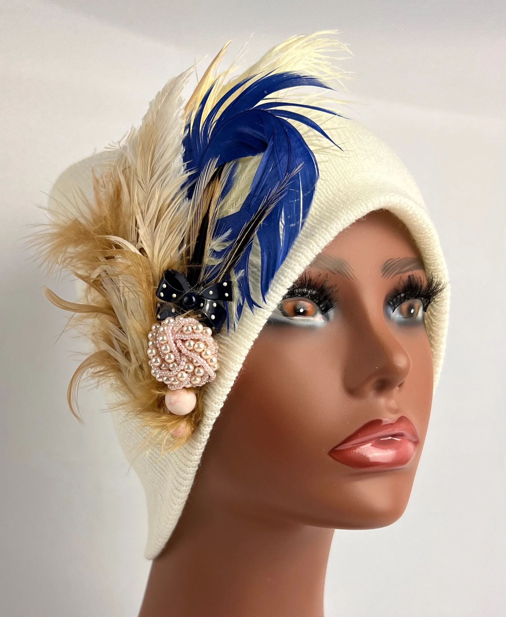 Unique Boho Flapper Jeweled Designer Feathered Winter Knit Hat