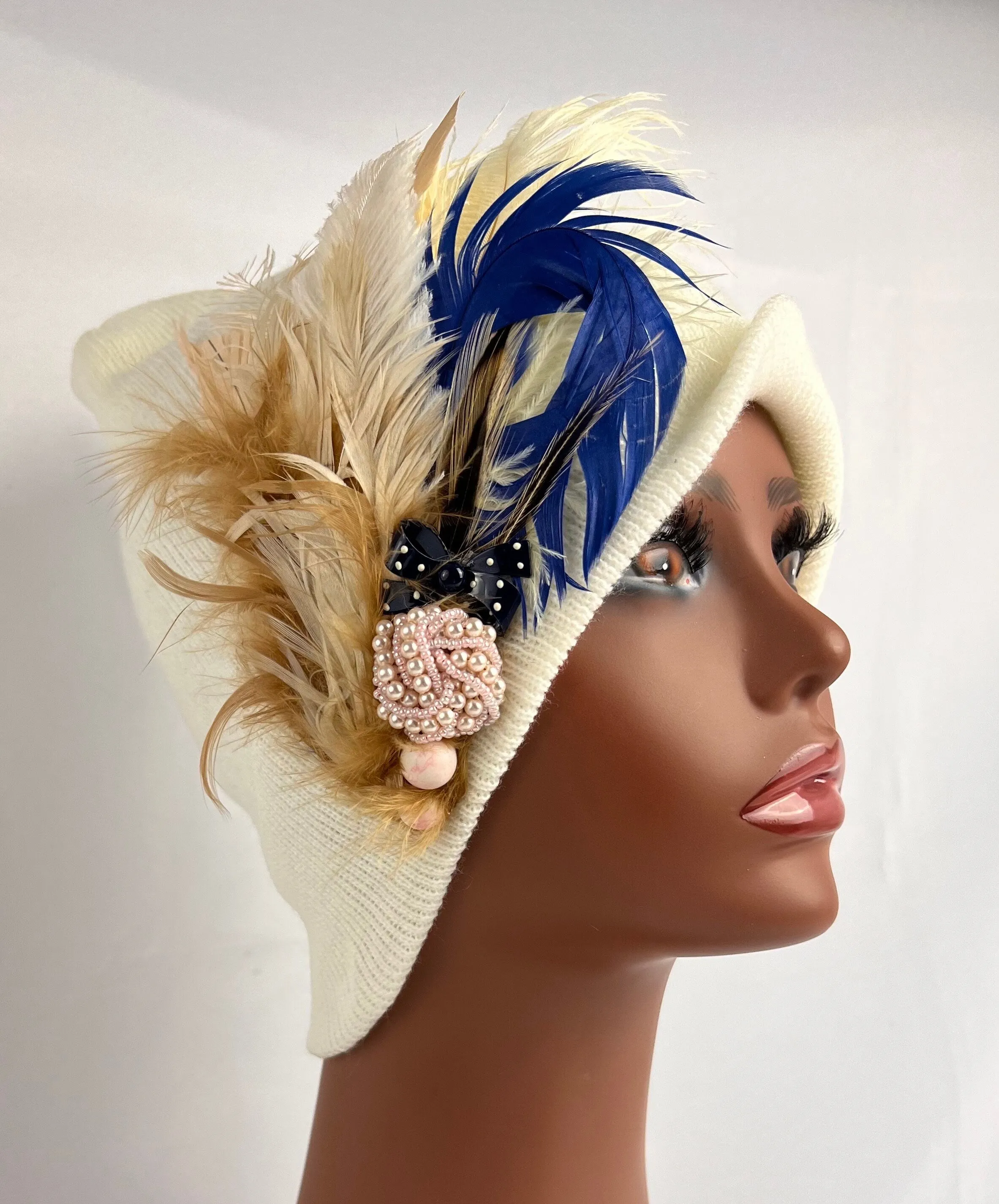 Unique Boho Flapper Jeweled Designer Feathered Winter Knit Hat